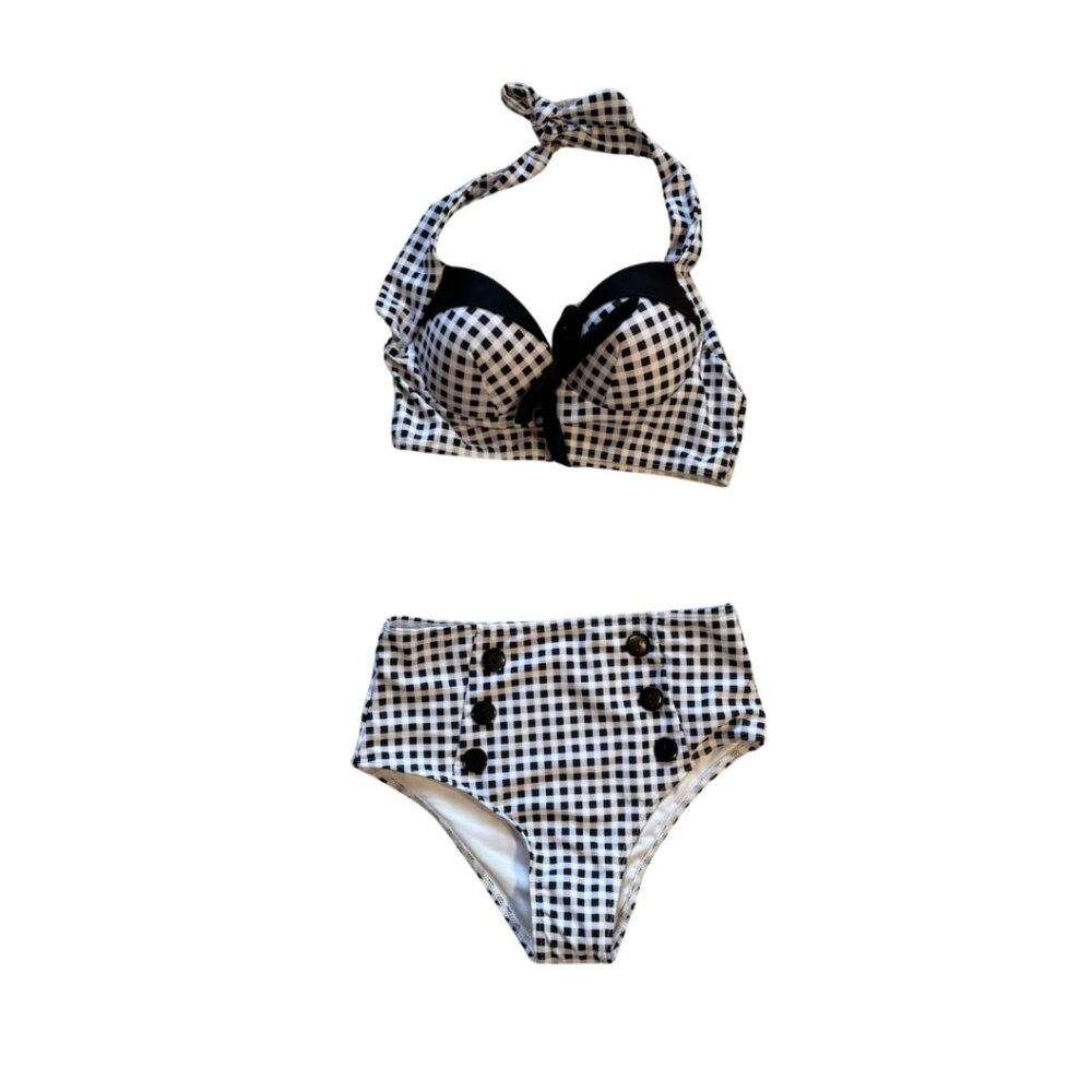 Vintage-Inspired Gingham Halter High-Waisted Bikini Set S Retro 50s Pin-Up Style